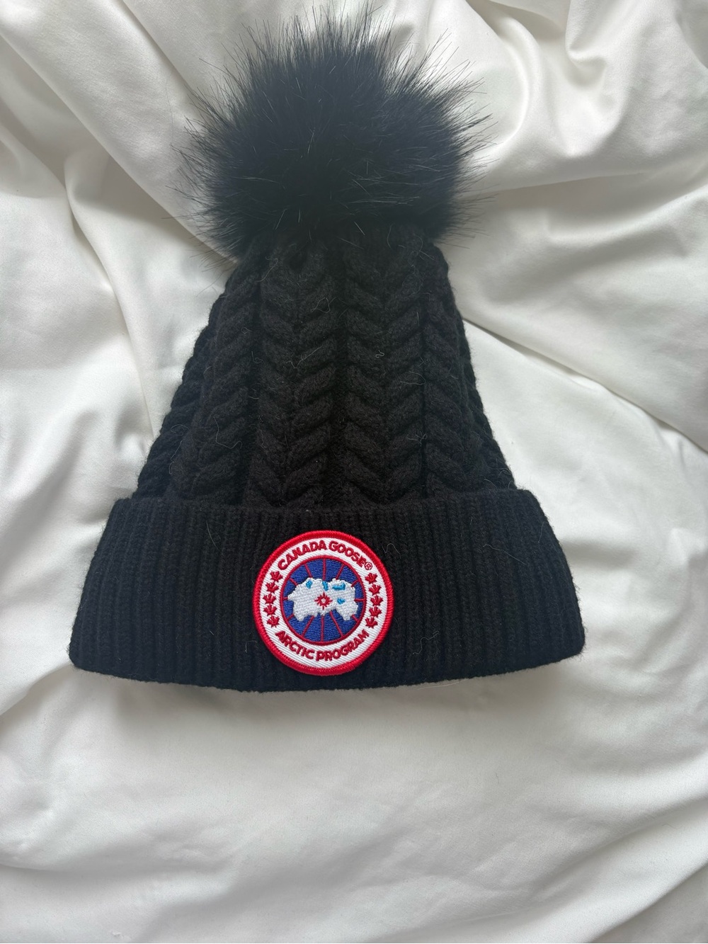 Canada Goose Kids Black Cable Knit Pom Beanie with Logo Patch
